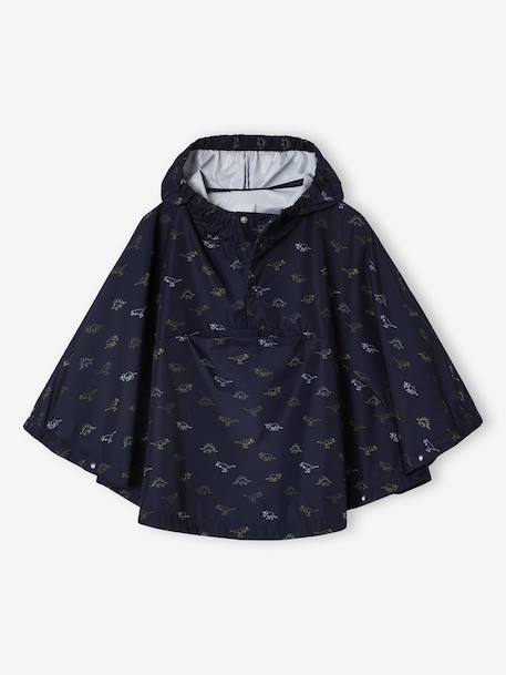 Hooded Rain Poncho with Dinosaur Print for Boys indigo+khaki 