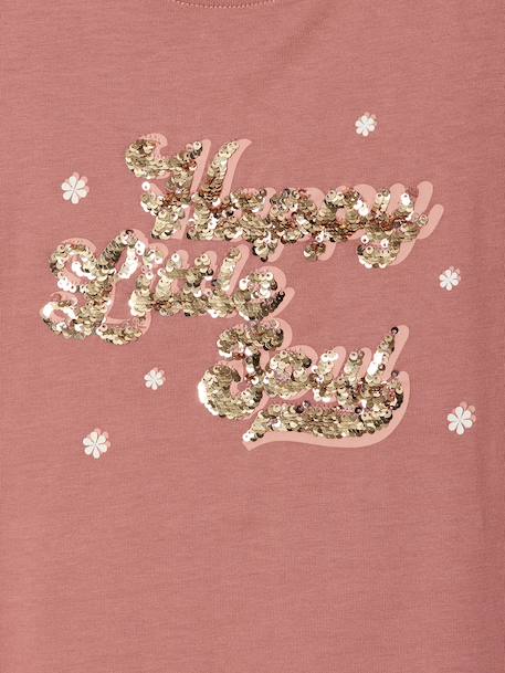 Short-Sleeved T-Shirt with Reversible Sequin Motif, for Girls dusky pink 