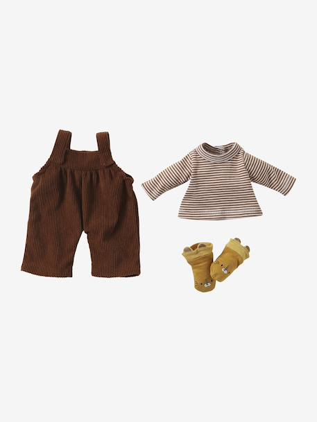 Velvet dungaree set + t-shirt + socks for baby doll brown 