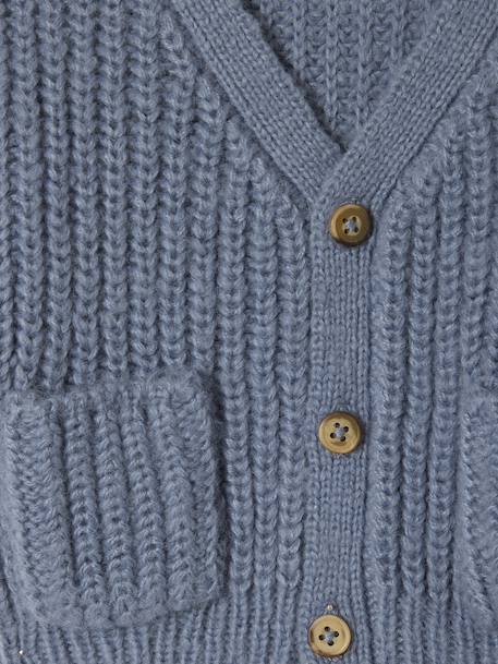 V-neck cardigan for babies in chunky knit chocolate+grey blue 