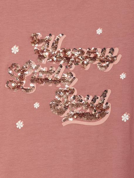 Short-Sleeved T-Shirt with Reversible Sequin Motif, for Girls dusky pink 