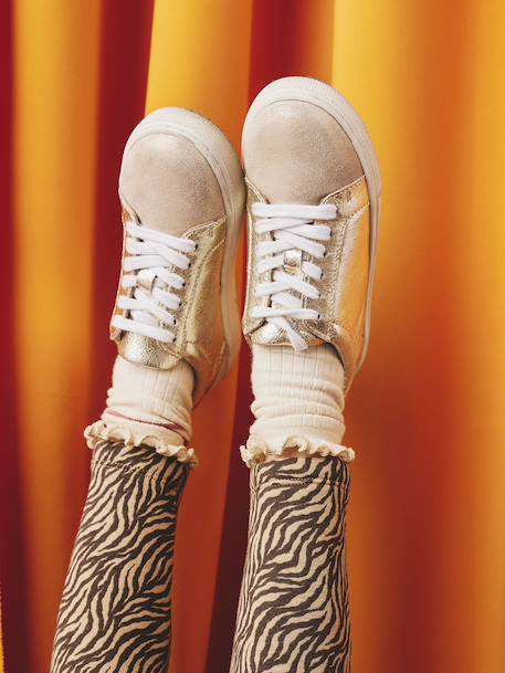 Leather Lace-Up Trainers for Children gold+printed beige 