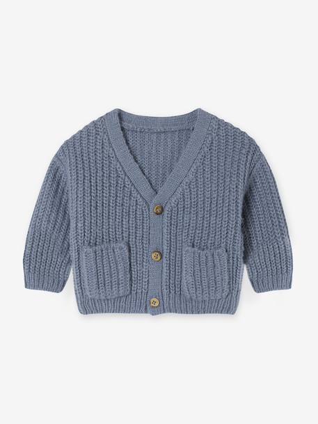 V-neck cardigan for babies in chunky knit chocolate+grey blue 