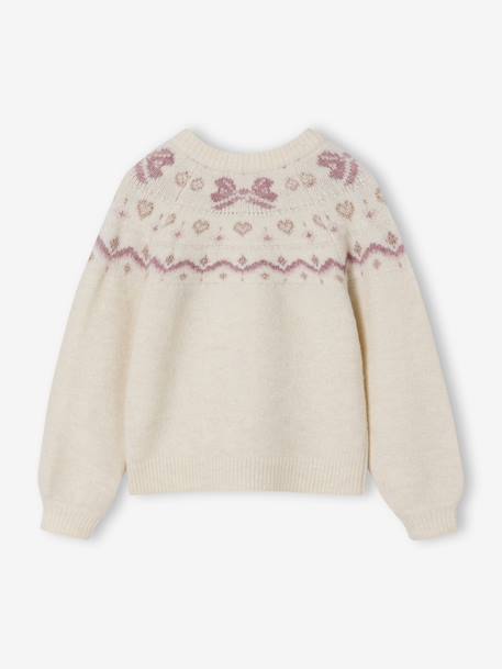 Girl's Christmas cardigan with jacquard patterns and sparkly details ecru 