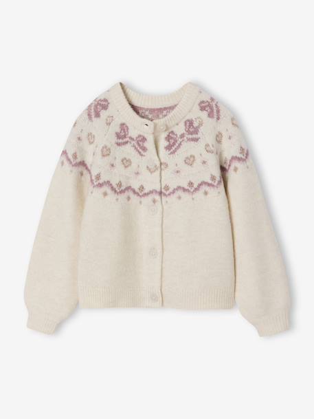 Girl's Christmas cardigan with jacquard patterns and sparkly details ecru 