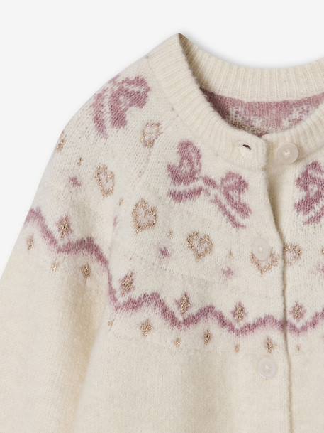 Girl's Christmas cardigan with jacquard patterns and sparkly details ecru 