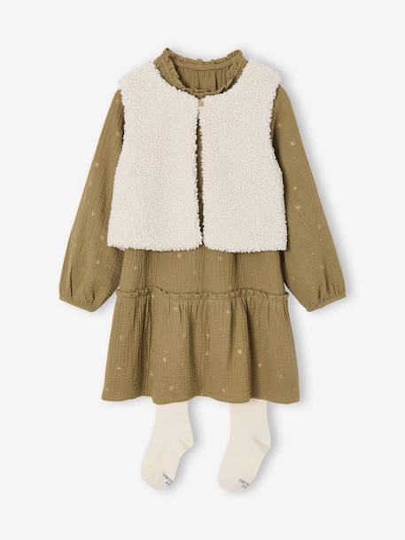 Set of 3 dress + sherpa cardigan + girls tights olive 