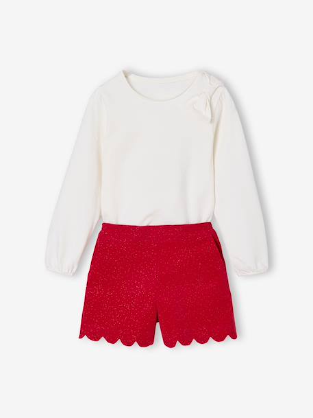 T-Shirt & Glittery Velour Shorts Christmas Set for Girls red 