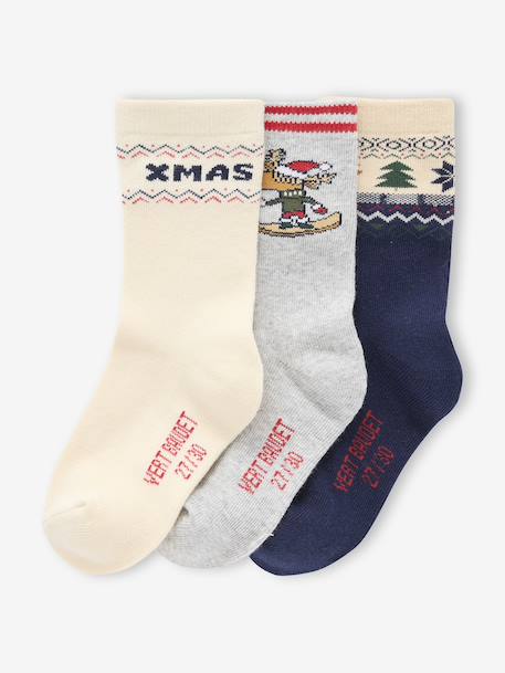Set of 3 pairs of boys' Christmas socks in bouclé knit ecru 