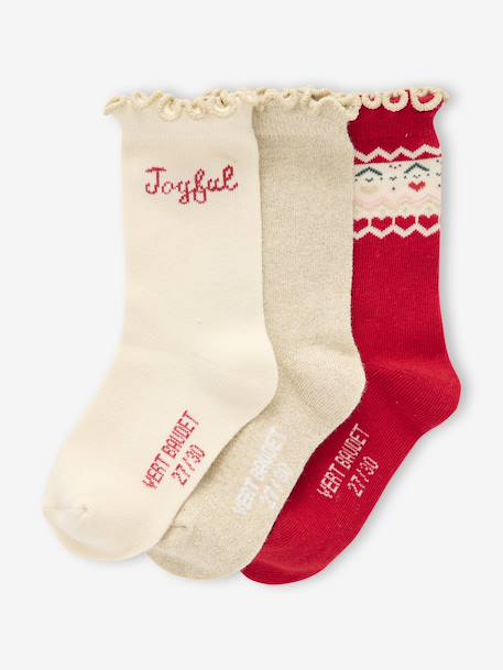 Set of 3 Pairs of Christmas Socks for Girls red 