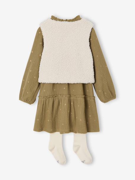 Set of 3 dress + sherpa cardigan + girls tights olive 