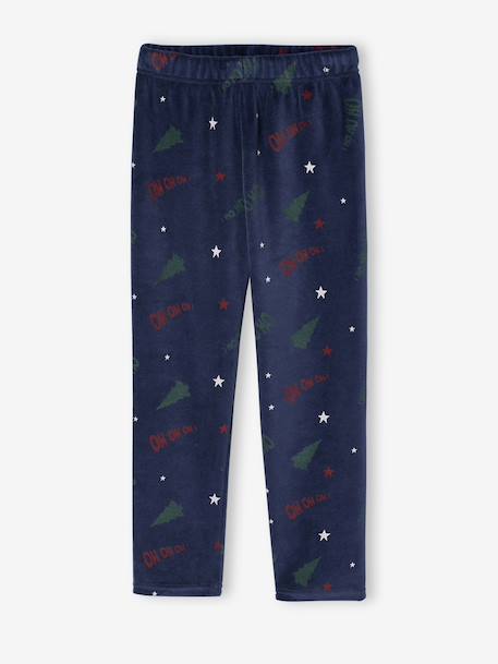 Christmas Velour Pyjamas for Boys, Printed Top & Striped Bottoms navy blue 