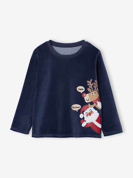 Christmas Velour Pyjamas for Boys, Printed Top & Striped Bottoms navy blue 