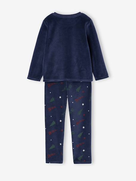 Christmas Velour Pyjamas for Boys, Printed Top & Striped Bottoms navy blue 