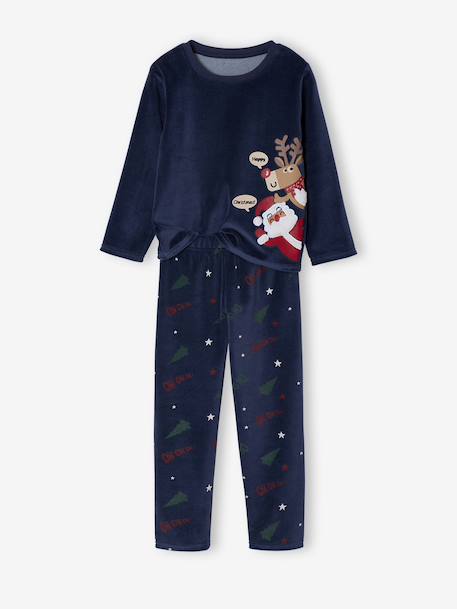 Christmas Velour Pyjamas for Boys, Printed Top & Striped Bottoms navy blue 