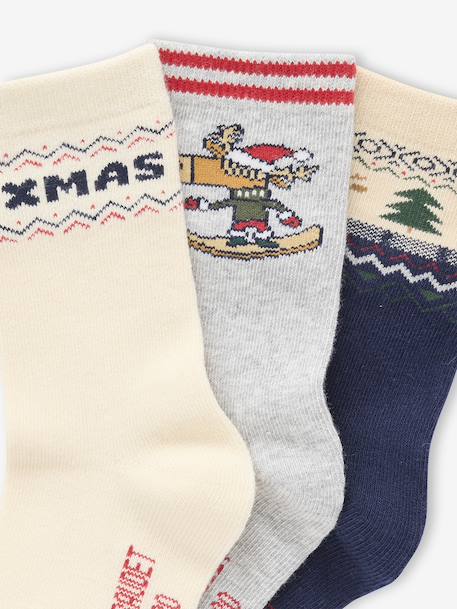 Set of 3 pairs of boys' Christmas socks in bouclé knit ecru 