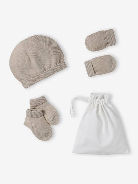 Beanie, Mittens & Booties + Pouch Set for Newborns marl beige+white 