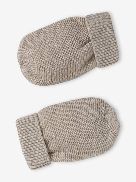 Beanie, Mittens & Booties + Pouch Set for Newborns marl beige+white 