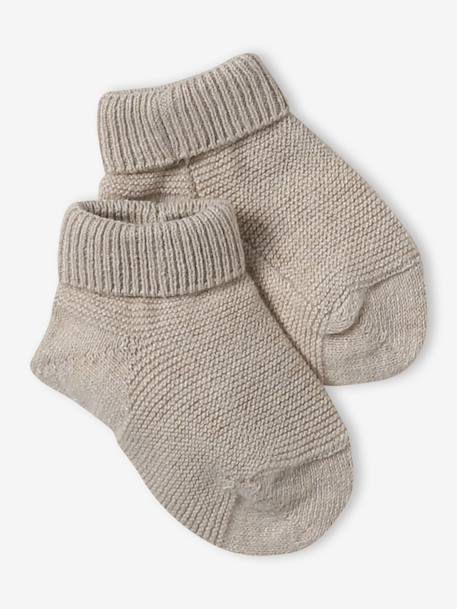 Beanie, Mittens & Booties + Pouch Set for Newborns marl beige+white 