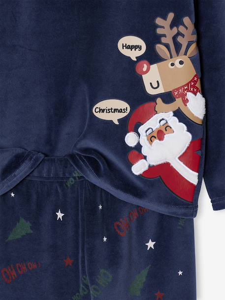 Christmas Velour Pyjamas for Boys, Printed Top & Striped Bottoms navy blue 