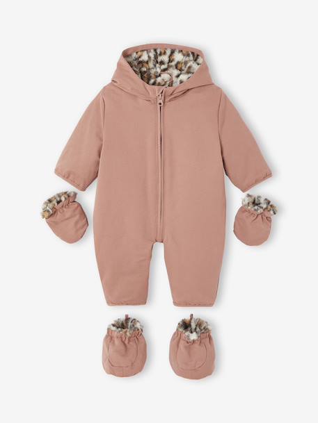 Pramsuit Lined in Faux Leopard Fur for Newborns dusky pink 