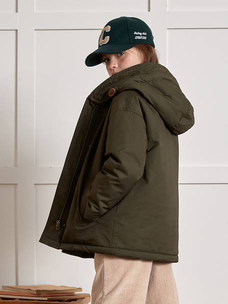 Girl's short parka with leopard lining CYRILLUS green 