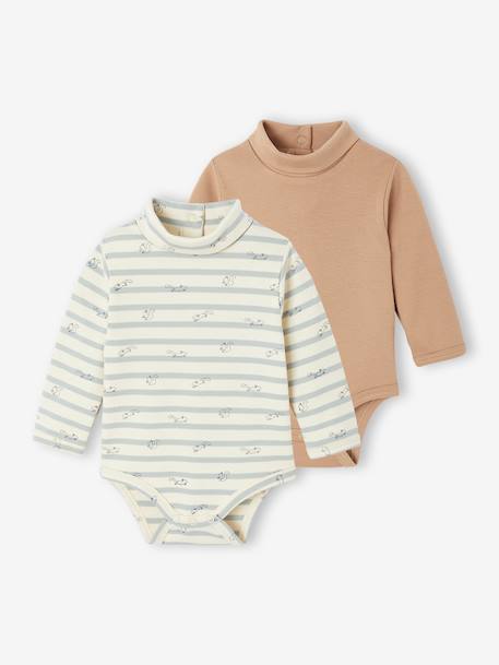 Pack of 2 Bodysuits in Interlock, 1 Striped + 1 Plain, for Newborns beige 