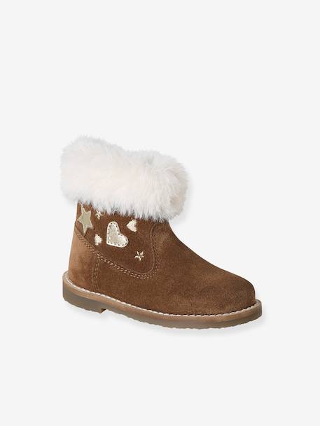 Fur-Lined Zip Leather Boots for Girls brown 