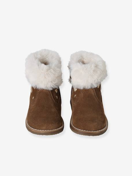 Fur-Lined Zip Leather Boots for Girls brown 
