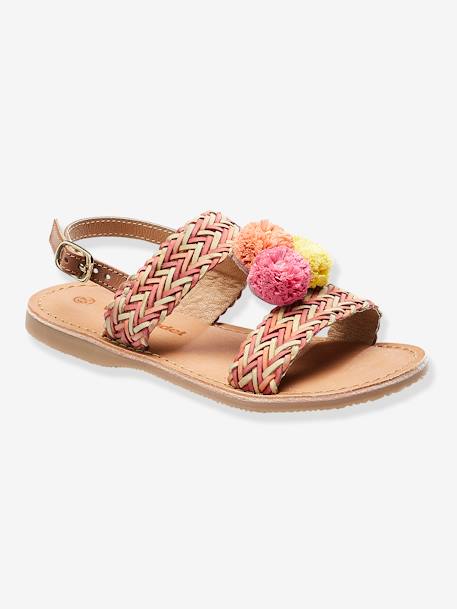 Leather Sandals with Pompons for Girls Pink 