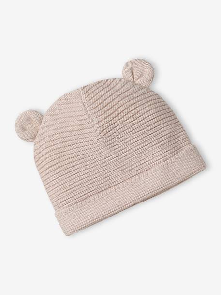 Set of beanie, mittens and slippers in organic cotton and its customisable pouch ecru+marl beige+rose 