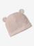 Set of beanie, mittens and slippers in organic cotton and its customisable pouch ecru+marl beige+rose 