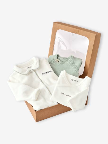 Set of 3 Plain Knit Items for Newborns: Cardigan + Sleepsuit + Bodysuit sage green 