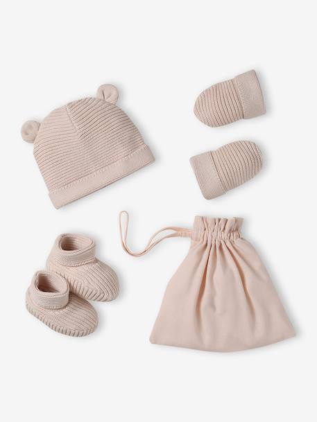 Set of beanie, mittens and slippers in organic cotton and its customisable pouch ecru+marl beige+rose 