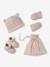 Set of beanie, mittens and slippers in organic cotton and its customisable pouch ecru+marl beige+rose 