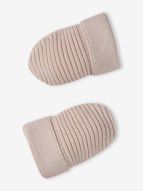 Set of beanie, mittens and slippers in organic cotton and its customisable pouch ecru+marl beige+rose 