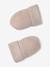 Set of beanie, mittens and slippers in organic cotton and its customisable pouch ecru+marl beige+rose 