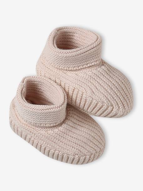 Set of beanie, mittens and slippers in organic cotton and its customisable pouch ecru+marl beige+rose 