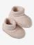 Set of beanie, mittens and slippers in organic cotton and its customisable pouch ecru+marl beige+rose 