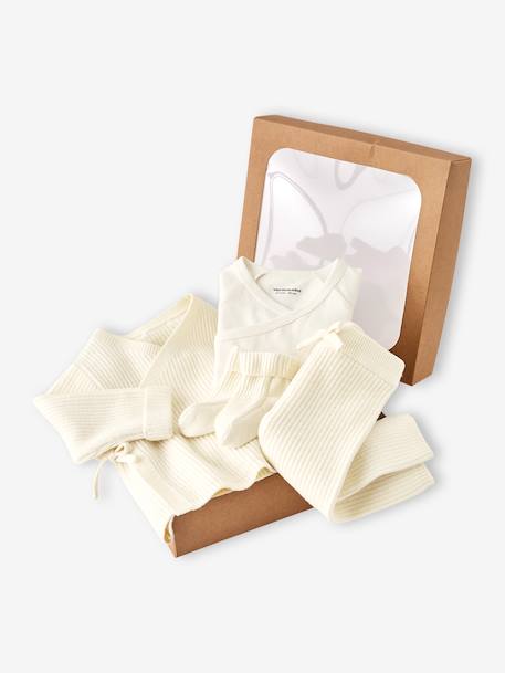 Set of 4 Plain Knit Items for Newborns: Cardigan + Trousers + Booties + Bodysuit ecru 