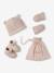Set of beanie, mittens and slippers in organic cotton and its customisable pouch ecru+marl beige+rose 