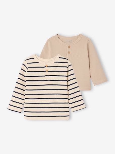Pack of 2 long-sleeved honeycomb t-shirts for babies striped navy blue 