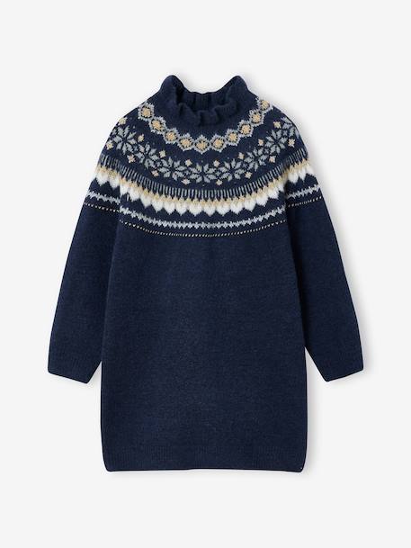 Knitted Jacquard Dress for Girls ecru+navy blue 