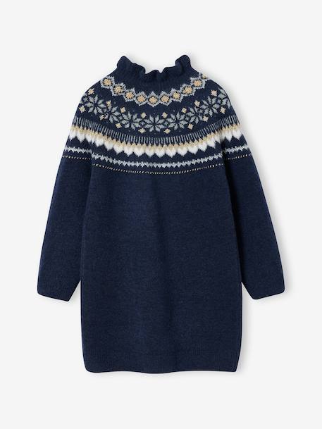 Knitted Jacquard Dress for Girls ecru+navy blue 