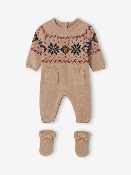 Newborn 2-piece Christmas knitted set: jumpsuit + socks marl beige 