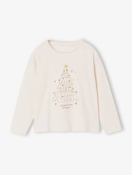 Christmas T-Shirt with Shiny Christmas Tree Motif & Long Sleeves ecru 