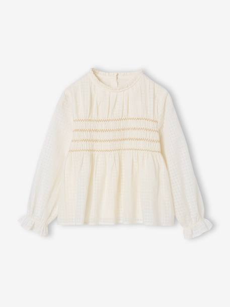Christmas Blouse with Embroidered Smocking for Girls ecru 