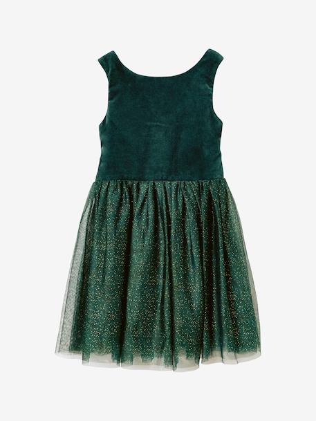 Christmas Special Dress in Velour & Sparkling Tulle for Girls emerald green+red 