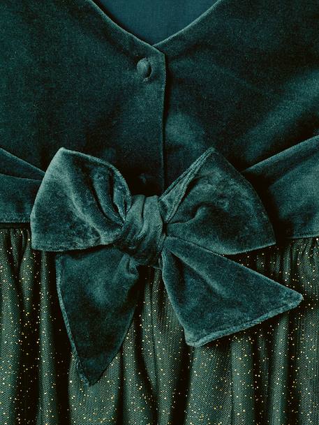 Christmas Special Dress in Velour & Sparkling Tulle for Girls emerald green+red 