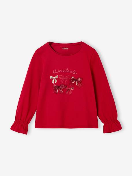 Girl's Christmas t-shirt with bow and glitter detail, long sleeves red 